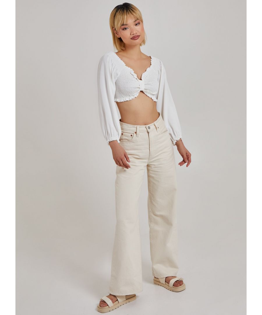 Pink Vanilla Womens Twist Front Balloon Sleeve Crop Top - Ivory - Size Medium