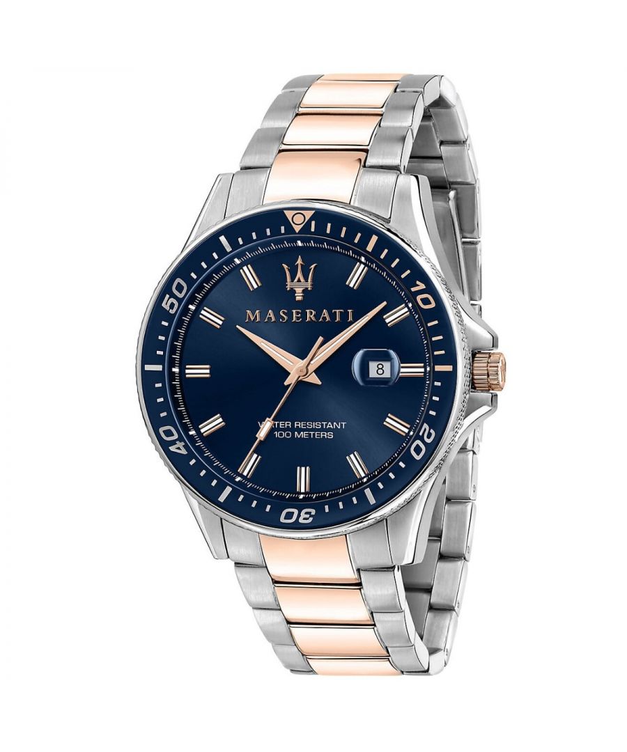 Stijlvol heren horloge van het merk Maserati. Het horloge heeft een polsbandje dat ook kleiner gemaakt kan worden, de kast heeft een diameter van 44 mm en het uurwerk is van Quartz.  Merk: MaseratiModelnaam: R8853140003 (44mm)Categorie: heren horlogeMaterialen: edelstaalKleur: zilver, rosegoud, blauw