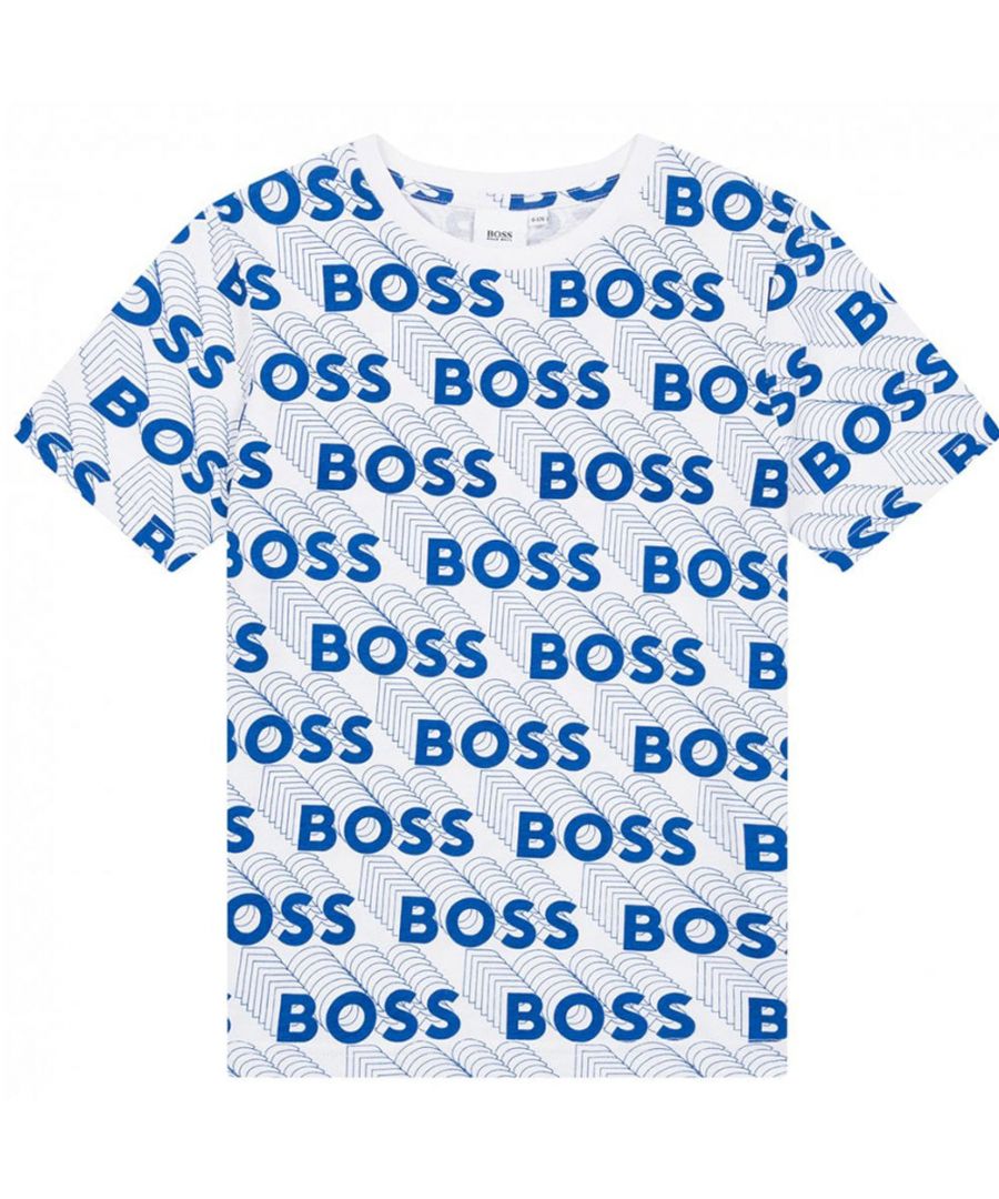 This Hugo Boss Boys 3D Effect Logo T-shirt in White is crafted from cotton and has a short sleeve design. It features a crew neck, a slim fit and an all-over print, in blue.\n\nShort sleeve design\nAll-over print design\nSlim fit