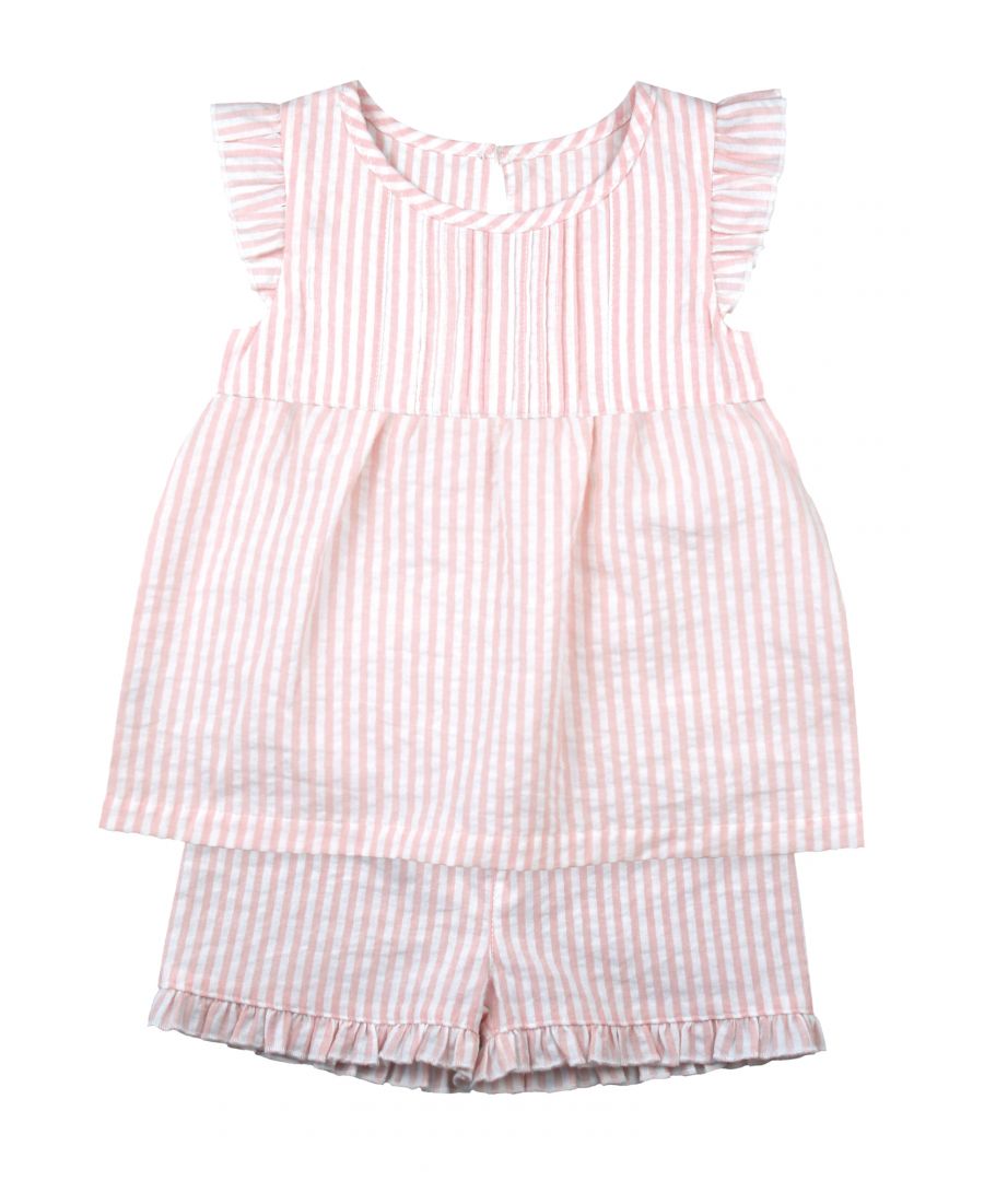 Our wonderful pink and white stripe seersucker cotton pyjamas for girls are a lovely choice for Summer. This beautiful style has pin tucks on the bodice and frilled cap sleeves and a back opening with engraved buttons. The matching shorts feature a frilled hem and an elasticated waistband to ensure a comfortable night’s sleep\n\nDesign & Fit\n\nClassic white short sleeve top and shorts\nShort-sleeve button through top\nPeter Pan Collar\nElasticated waistband\nEasy, pull-on style\nFabric and Care\n\n100% cotton seersucker\nMachine wash\nSafety warning: keep away from fire