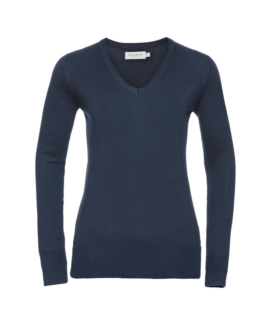 Image for Russell Collection Ladies/Womens V-Neck Knitted Pullover Sweatshirt (French Navy)