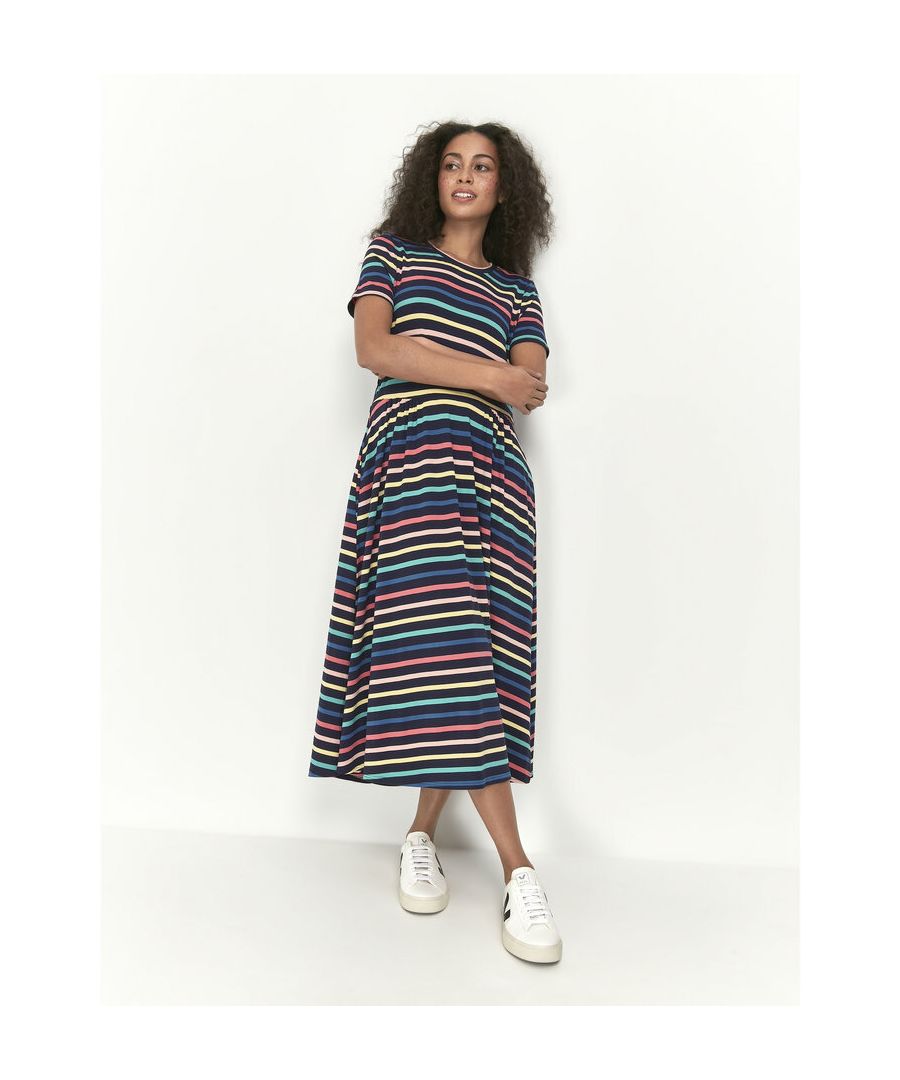 This dress from Khost Clothing is cut to a midi length and features a multi-colour stripe design, short sleeves, a round neckline and side pockets. Pair with a denim jacket and trainers for the perfect spring look.