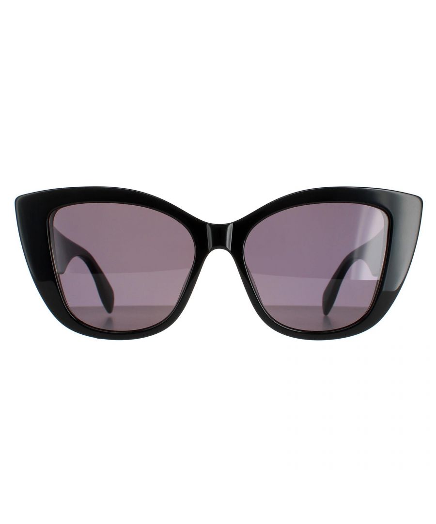 Alexander McQueen Cat Eye Womens Black Grey AM0347S  Sunglasses are a snazzy cat eye style crafted from lightweight acetate. The Alexander McQueen logo is embellished on the temples for brand authenticity.
