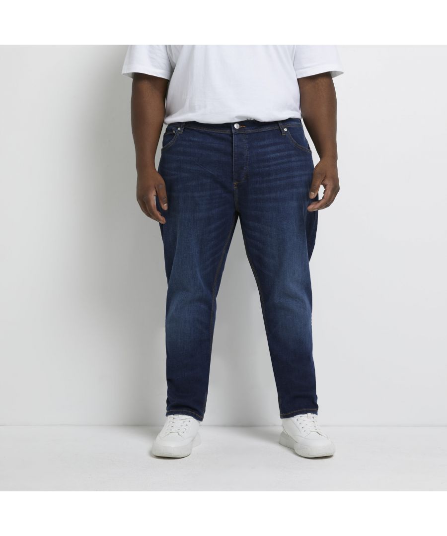 > Brand: River Island > Department: Men > Material Composition: 98% Cotton 2% Elastane > Material: Cotton > Type: Jeans > Style: Skinny > Size Type: Big & Tall > Fit: Slim > Pattern: No Pattern > Occasion: Casual > Season: SS22 > Pocket Design: 5-Pocket Design > Fabric Wash: Dark > Closure: Button > Distressed: No > Brace Buttons/Belt Loops: Belt Loops