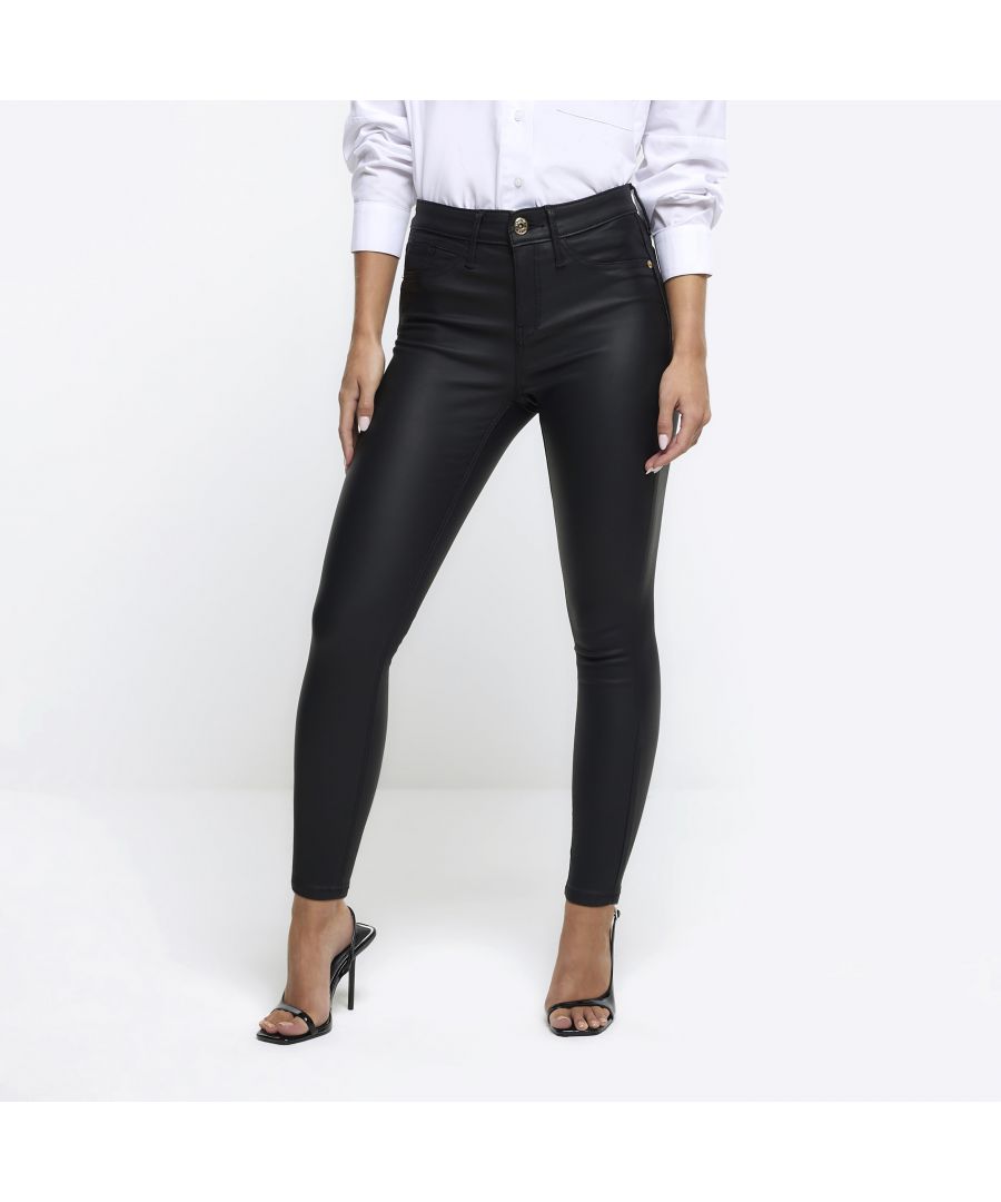 River Island Womens Skinny Jeans Petite Black Coated Viscose - Size 4 Extra Short (Uk Women's)