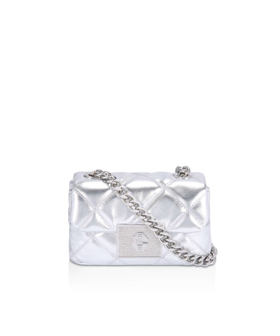The Gemstone Mini bag features a silver exterior with a diamond overstitch quilt. The front flap closes with a silver-tone Signature C clasp. 13cm (H), 21cm (L), 7cm (D). Strap drop cross-body: 121cm.