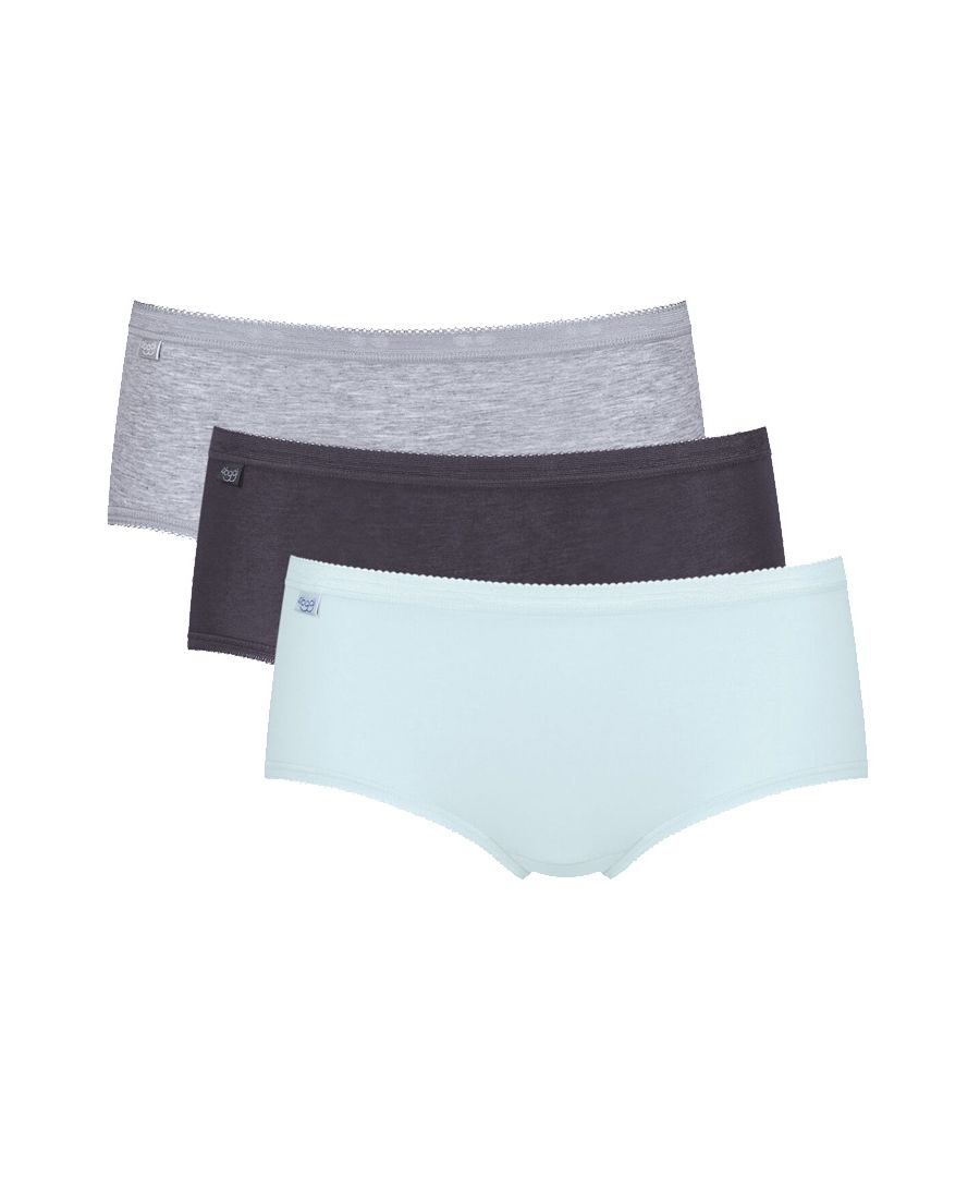 Sloggi Basic+ Premium Comfort Midi Briefs. These comfortable mid waist briefs comes in a pack of 3, each in different colours. The elasticed waist band has a floral print with scalloped elastic and the brief is finished with a fold over Sloggi tag on the waist band.