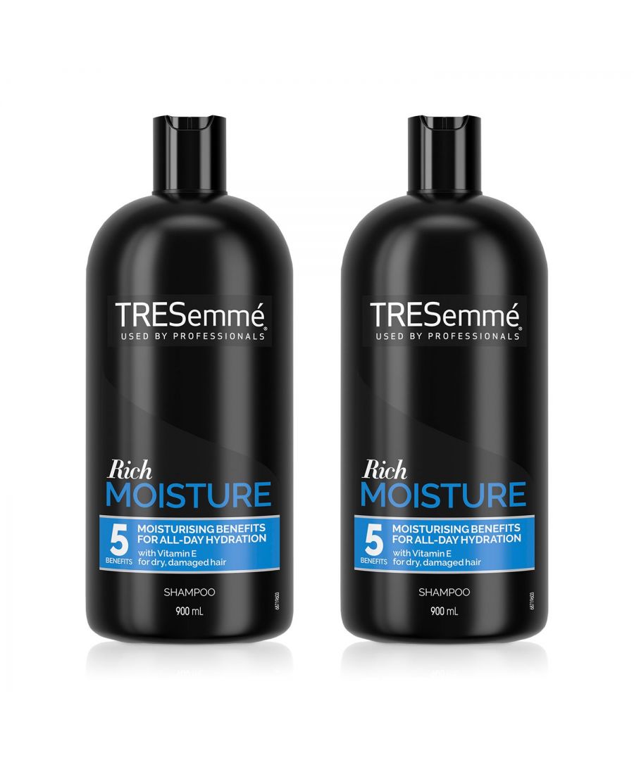 TRESemme luxurious moisture shampoo delivers optimized hydration to restore vibrancy and shine to damaged, dry hair. Tresemme moisture-rich shampoo & conditioner system, with vitamin E, instantly locks in moisture without weighing your hair down. light enough for daily use, this moisture-balanced system transforms your dry hair into silky, manageable, salon-healthy-looking locks. \nThe Tresemme moisture-rich shampoo is formulated to deliver a gentle formula for hydrated, moisturized, and touchably soft hair with salon shine, gentle shampoo suitable for daily use.\n\nFeatures:\n\nCreated for daily use, this advanced moisturizing system with vitamin E helps restore vibrancy and makes dry, damaged hair soft.\nLightly squeeze the shampoo from roots to ends and rinse thoroughly to hydrate and nourish hair.\nCoat hair with a liberal amount of hydrating shampoo and gently massage the scalp and roots with your fingertips to work into a lather.\n\nHow to use :\n\nCoat hair with a liberal amount of shampoo.\nGently massage the scalp and roots with your fingertips to work into a lather.\nLightly squeeze the shampoo from roots to ends and rinse thoroughly. \nFinish with TRESemmé luxurious moisture conditioner and style with your favourite TRESemme styling aids as needed.\n\nUsage: Apply to wet hair from roots to ends. Work into a lather and gently massage the scalp. Rinse thoroughly. Follow with TRESemmé\nLuxurious Moisture Conditioner and style with your favourite TRESemmé products\n\nIngredients:  Aqua, Sodium Laureth Sulfate, Cocamidopropyl Betaine, Glycerin, Carbomer, Citric acid, Cocamide MEA, Dimethiconol, Disodium EDTA, Glycol Distearate, Guar Hydroxypropyltrimonium Chloride, Mica, Parfum, PEG-45M, Phenoxyethanol, PPG-12, Silica, Sodium benzoate, Sodium chloride, Sodium hydroxide, TEA-Dodecylbenzenesulfonate, TEA-Sulfate, Tocopheryl Acetate, Hexyl Cinnamal, Limonene, Linalool, CI 77891\n\nBox Contains: 2x TRESemme PRo-Vita & Aloe Remoisturising Shampoo, 900ml
