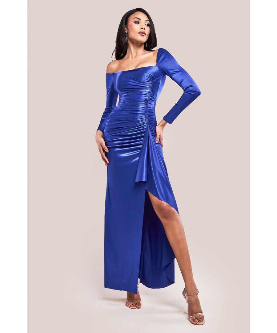 Goddiva Womens Slinky Satin One Shoulder Split Maxi Dress - Blue - Size 18 UK