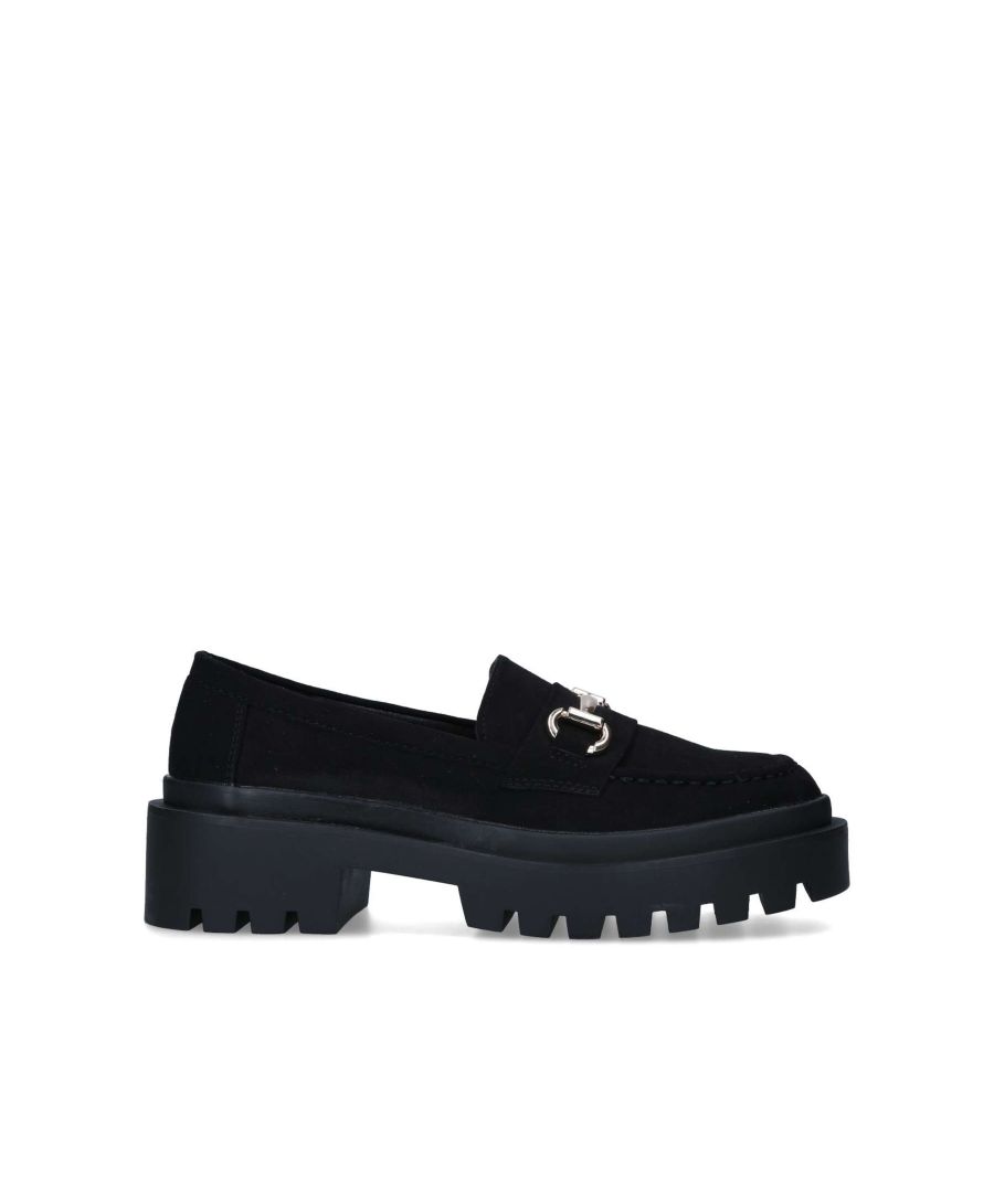 Nile by Miss KG is a black loafer with a chunky lug sole and horsebit trim.