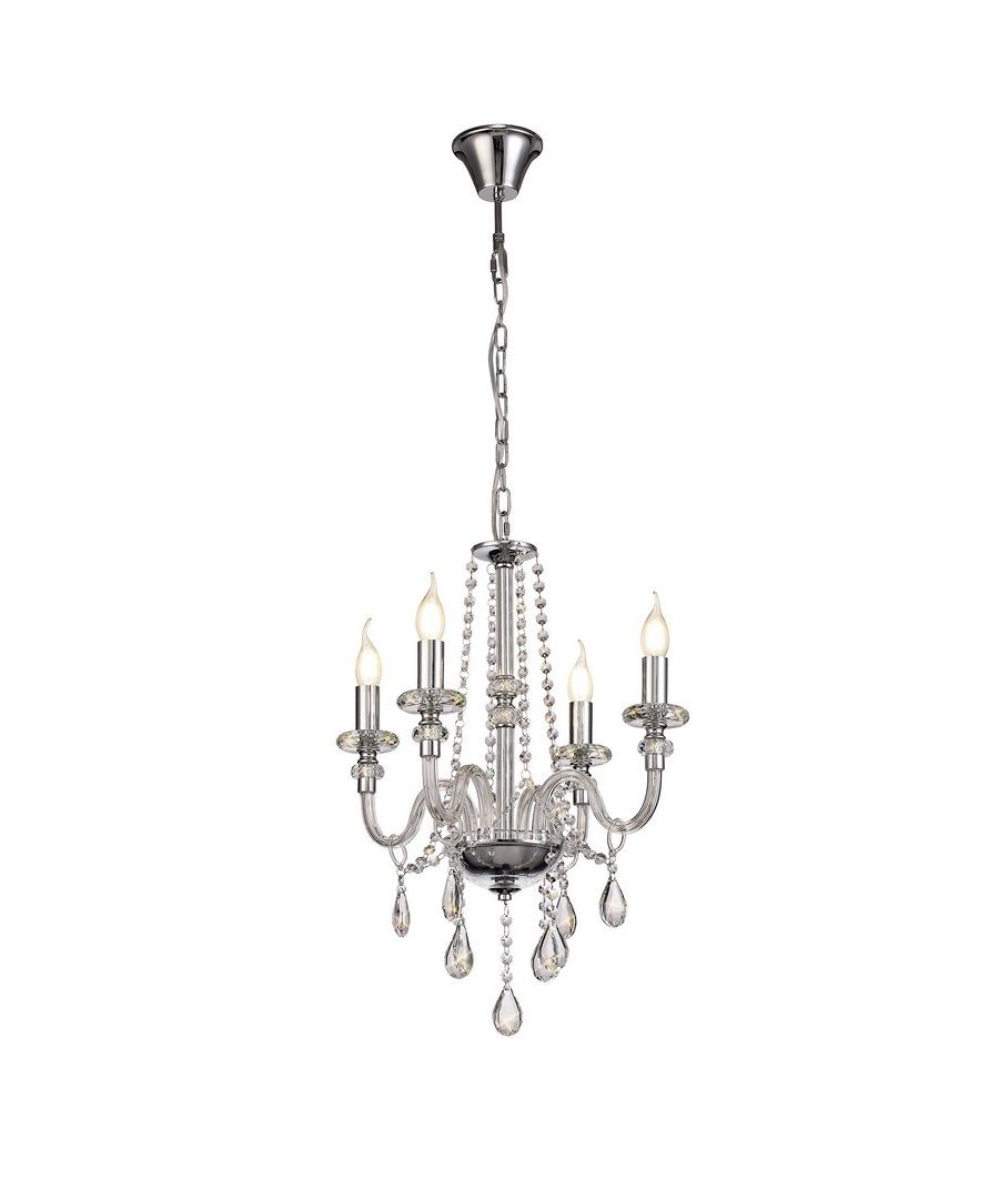 Finish: Polished Chrome | IP Rating: IP20 | Min Height (cm): 76 | Max Height (cm): 173 | Diameter (cm): 46 | No. of Lights: 4 | Lamp Type: E14 | Dimmable: Yes - Dimmable Lamps Required | Wattage (max): 40W | Weight (kg): 3.5kg | Bulb Included: No