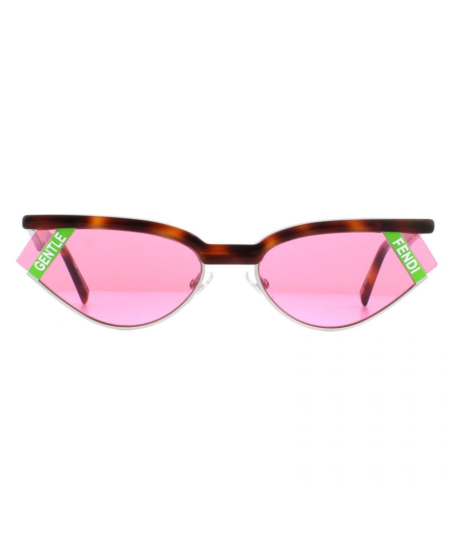 Fendi Sunglasses FF 0369/S 086 U1 Dark Havana Pink are an ultra contemporary collaboration with the Korean eyewear brand Gentle Monster. They have a unique, slim profile and are reminiscent of 90s style sunglasses. Cat eye lenses are branded with 'Gentle' and 'Fendi' text logos on each.