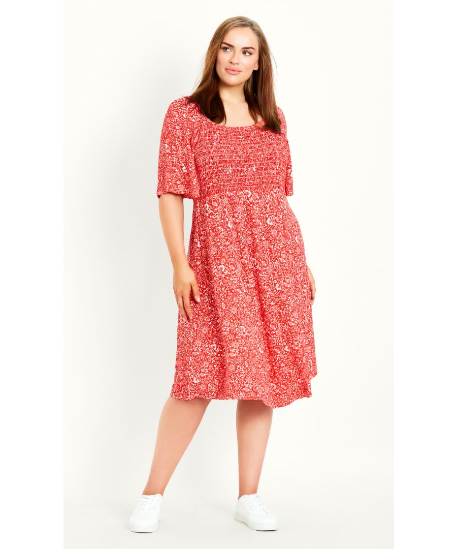 Designed to make you feel fabulous, indulge your curves in the red Shirred Print Dress. Add a hint of luxury to your wardrobe with the shirred bodice and versatile shoulder straps. Key Features Include: - Straight neckline - On/off shoulder sleeves - Shirred bodice - Relaxed fit - Stretch fabrication - Knee length hemline Get matching with a bright red lip!