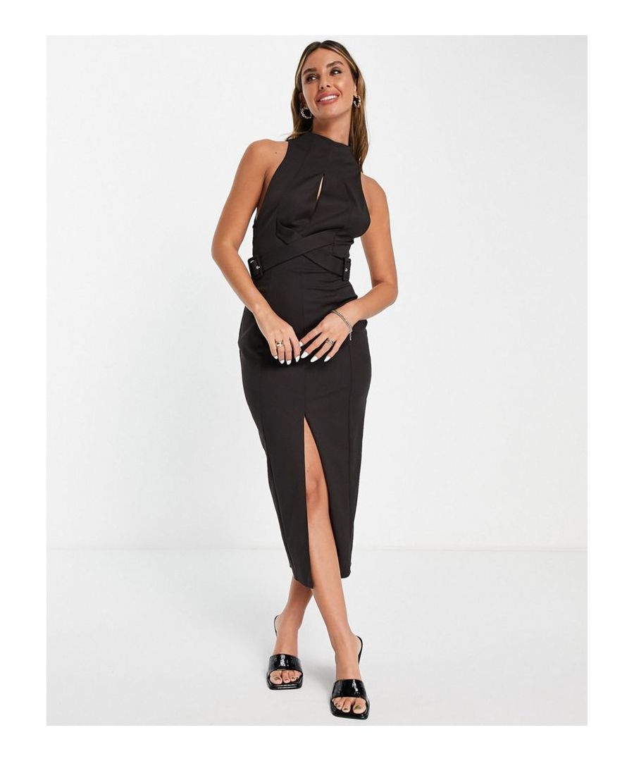 Midi dress by ASOS DESIGN Très chic High neck Cut-out front and back Belt detail Front split Hook and eye closure Zip-back fastening Slim fit  Sold By: Asos