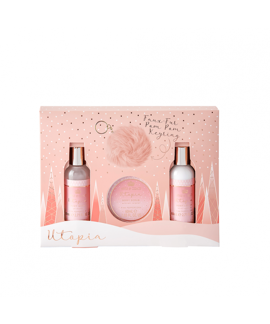 Style & Grace Utopia Keyring Set makes an ideal seasonal gift for someone you care about!The set contains: 80ml Pink Peppercorn Body Wash, 60ml Pink Peppercorn Body Scrub, 80ml Pink Peppercorn Body Lotion and a cute pink fluffy faux-fur pom pom keyring.Environmentally friendly with Eco Packaging.