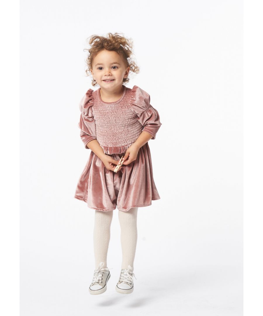 Minis get ready for seasonal celebrations with this delicious velvet dress. In a soft pink hue with a long sleeve  shirred bodice and lots of volume through the skirt  it's stunning.    Angel & Rocket cares - made with recycled polyester    Pink   About me: 100% Polyester    Look after me: Think planet - wash at 30c