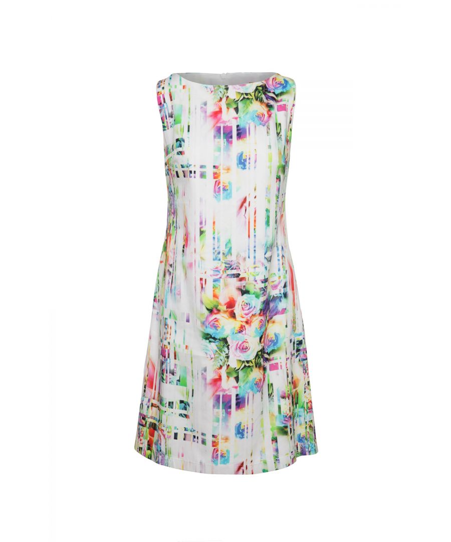 Exude happiness in this bright and breezy floral print dress from Conquista. The unusual abstract design ensures you stand out from the crowd. Crafted in a flattering A line with a fitted bodice, this striking piece will become your go-to frock on those warm, balmy days. The dress is sleeveless and has a boat neckline. It fastens in the back with a concealed zip. It is lined.  Model shown is 176cm and is wearing size 36/S.