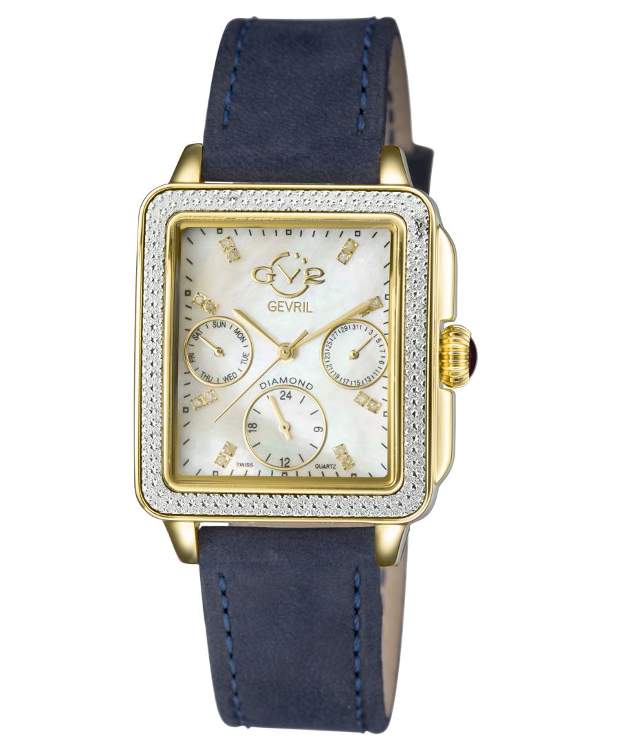 GV2 Dames Bari Suede goudkleurig Zwitsers quartz blauw lederen horloge