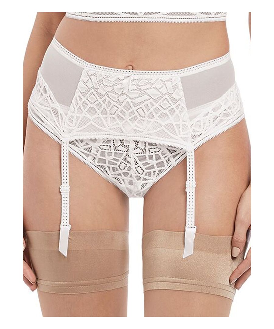 Make a statement in this romantically chic Freya Soiree Lace collection featuring stylish mosaic and geometric style lace with soft mesh panels to create a captivating look.  This suspender belt is a match made in heaven for your Freya Soiree Lace Bra and briefs!  Made from soft sheer mesh and featuring a gorgeous lace panel at the front which adds a captivating touch.  Complete with stitch detail on the suspender clips and ribbon flashings for a sleek finish. Size Guide: XS (8), S (10), M (12), L (14), XL (16).