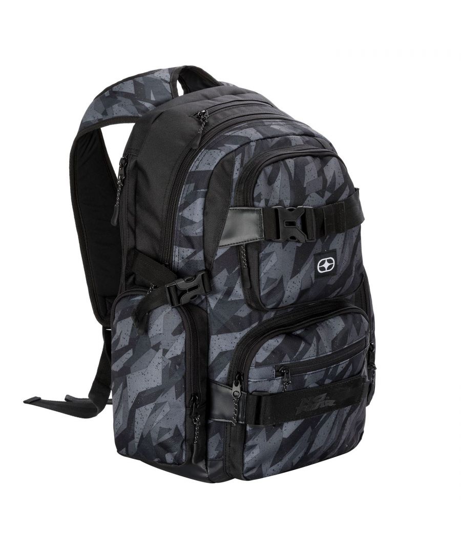 No Fear Skate Backpack - The No Fear Skate Backpack is perfect for everyday use, crafted with a zip fastening main compartment along with additional zip fastening pockets for all your everyday essentials, two straps to the front are perfect for holding a skateboard, an all over print gives a stylish look and padded and adjustable shoulder straps allow for comfortable transportation, completed with the No Fear branding. H:50 x D:37 x D:10cm.  > Backpack > Zip fastening main compartment > Zip fastening pockets > Skateboard straps > Padded and adjustable shoulder straps > All over print > No Fear branding