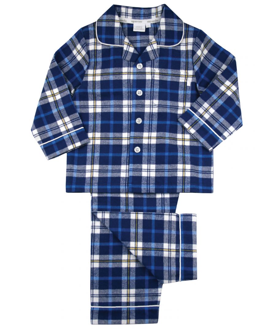 Boys Traditional Winter Blue Metro Check Pyjamas \nBlue check pyjamas are a timeless! A bedtime must-have and our blue check pyjama set combines a beautifully soft, brushed 100% cotton with cotton trims to create a cosy feel that’s perfect for bedtime or lazy weekends. The long-sleeved top has an open collar, a single chest pocket and fastens at the front with engraved buttons. With a fully soft elasticated waist for a comfy fit.\n\nIt’s easy to create mini-me looks with our Metro Check range as coordinating styles are also available in our Adult's collection.\n\nSold as a Pyjama set.\nFabric Composition : Top - 100% cotton / Pant - 100% cotton.\nFire Warning : KEEP AWAY FROM FIRE AND FLAMES.\nWash Care Instructions : Machine wash, Inside out, Do not soak, Wash dark colours separately, Do not iron trims, Save energy, Wash at 30 degree