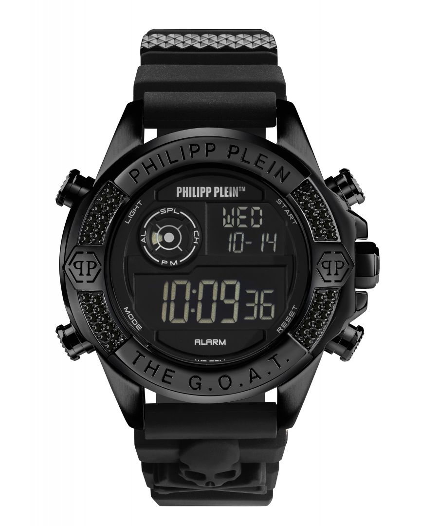This Philipp Plein The G.o.a.t. Digital Watch for Men is the perfect timepiece to wear or to gift. It's Black 44 mm Round case combined with the comfortable Black Silicone watch band will ensure you enjoy this stunning timepiece without any compromise. Operated by a high quality Quartz movement and water resistant to 5 bars, your watch will keep ticking. The digital movement of this watch immediately confers a hyper sporty, bold, contemporary urban look. -The watch has a calendar function: Day-Date, Stop Watch, Alarm, Light High quality 21 cm length and 22 mm width Black Silicone strap with a Buckle Case diameter: 44 mm,case thickness: 16 mm, case colour: Black and dial colour: Black