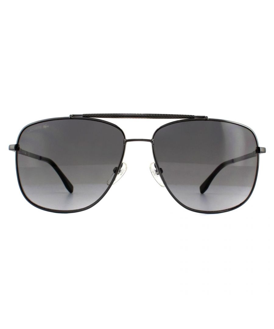 Lacoste Sunglasses L188S 033 Gunmetal Grey Gradient feature a textured prominent top brow bar and matching temples with the Lacoste lettered logo for a classic modern look.
