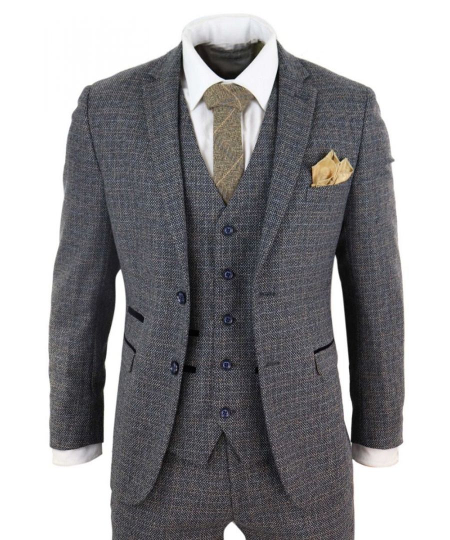 paul andrew mens 3 piece navy blue tweed check vintage retro suit - size 36 (chest)