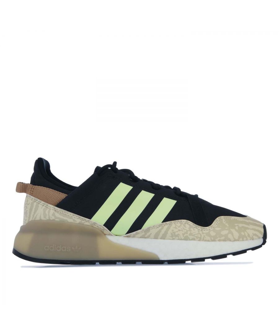 Mens adidas Originals ZX 2K Boost Pure Trainers in black.- Textile upper. - Lace fastening.- OrthoLite® sockliner. - Lightweight textile and overlaid with camo-like panels.- Boost midsole.- Rubber outsole. - Textile upper  Textile lining  Synthetic sole. - Ref.: GW3516