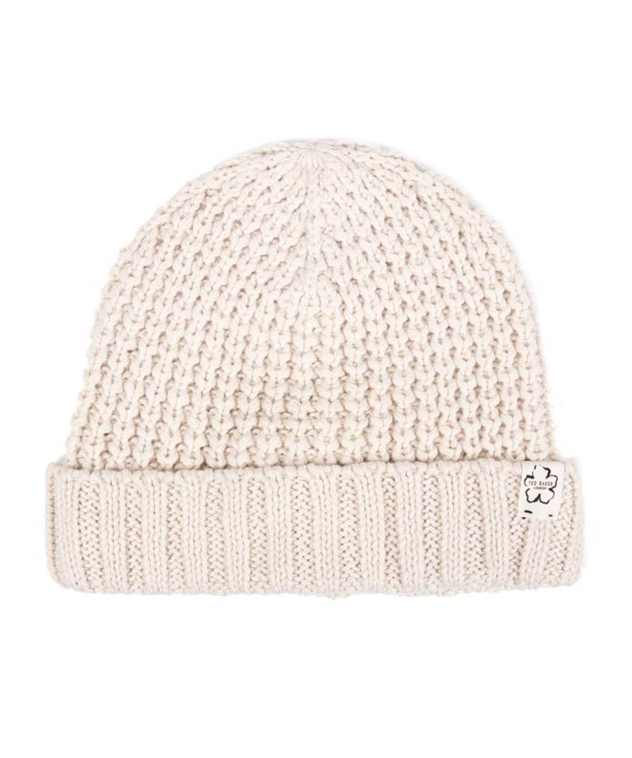 Womens natural Ted Baker beka beanie, manufactured with polyester. Featuring: woven branding, soft touch, turn cuff and one size.
