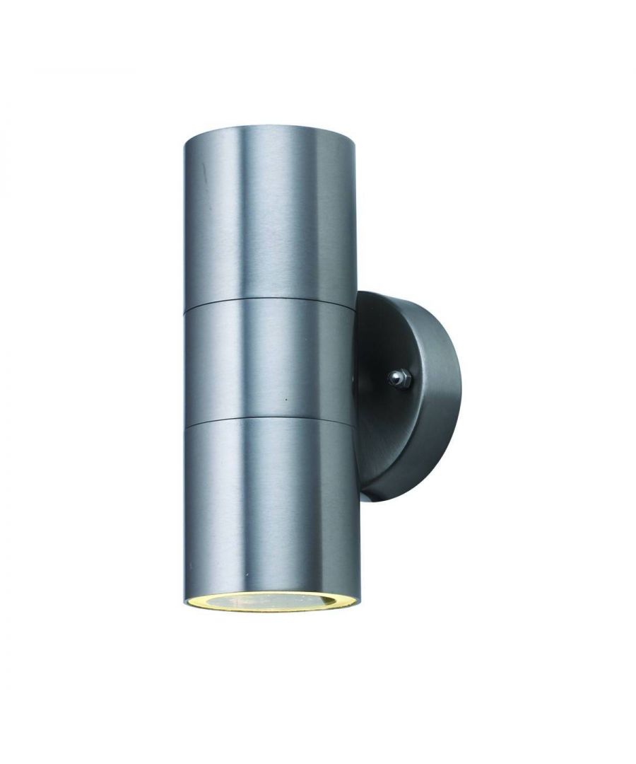 This stainless steel 2 light outdoor tube wall light fixture with clear glass lens is stylish and contemporary. The IP44 rated splash proof, cast aluminium fitting has a round wallplate and a long, sleek cylindrical downlighter, with two subtle lights that provide extra brightness for your outdoor areas at night. Complete with LED lamps | Finish: Cast Aluminium | Material: Glass | IP Rating: IP44 | Height (cm): 16 | Length (cm): 6 | No. of Lights: 2 | Lamp Type: GU10 | Bulb: LED | Wattage (max): 3
