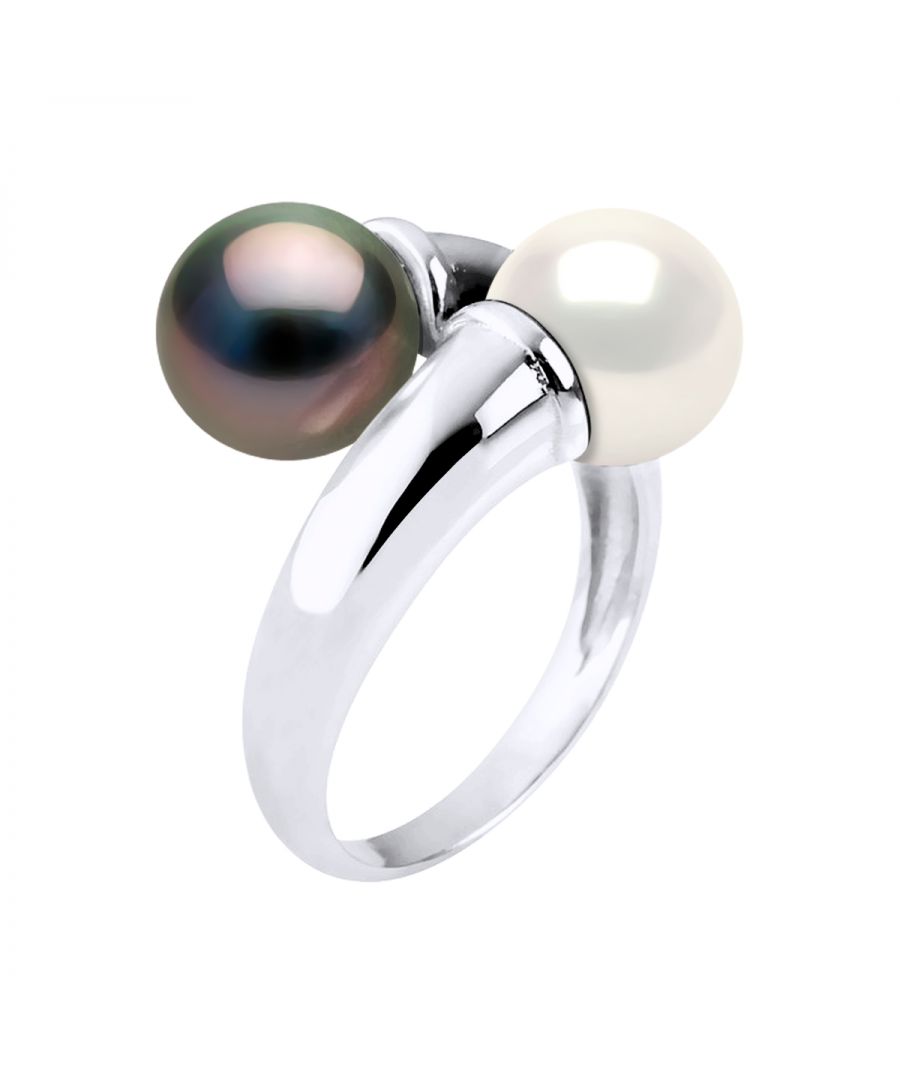 Ring YOU & I 925 Sterling Silver Rhodium-plated with Cultured Tahitian Pearl and Freswater Pearl - Natural White Color 8-9 mm , 0,31 in Size avalaible from 48 to 62 , J to U - Our jewellery is made in France and will be delivered in a gift box accompanied by a Certificate of Authenticity and International Warranty