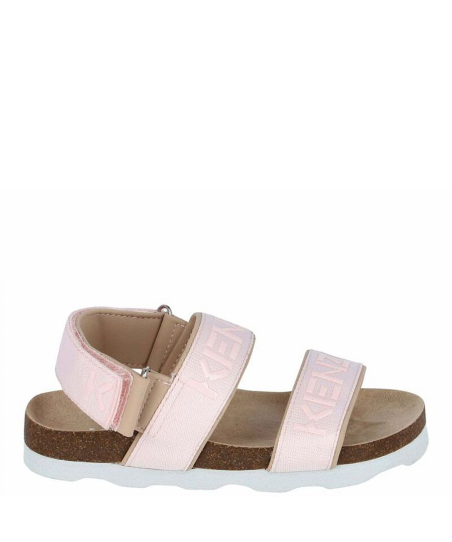 These Kenzo Girls Strap Sandals in Pink in beige faux suede straps with a pink canvas. They feature a moulded cork foot bed and are fastened with an adjustable Velcro ankle strap.\n\nMoulded cork\nAdjustable velcro ankle