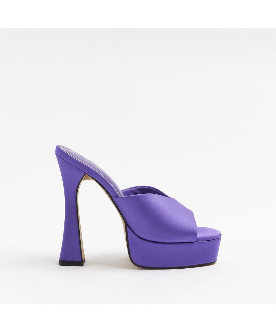> Brand: River Island> Department: Women> Colour: Purple> Type: Sandal> Style: Slip On> Material Composition: Upper: Textile, Sole: Plastic> Occasion: Party/Cocktail> Closure: Slip On> Upper Material: Textile> Toe Shape: Open Toe> Shoe Width: Standard> Heel Style: Spool> Heel Height: Very High (Over 10 cm)> Season: AW22