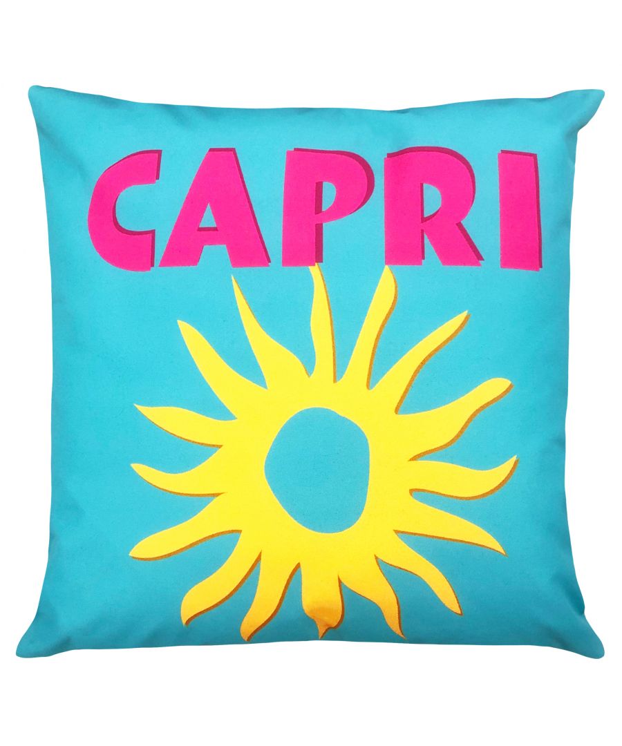Transport yourself to Capri with this abstract outdoor cushion. A bright and bold cushion, with the focal point being the Capri slogan. Mix and match with other cushions from the collection, pop them in your outdoor space and make a statement.