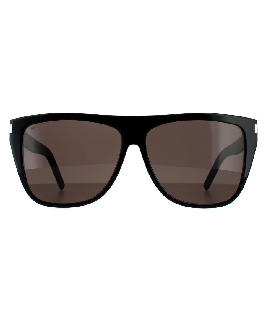 Saint Laurent Square Womens Black Grey Smoke Sunglasses Saint Laurent are styled with Saint Laurent's famous flat top and iconic corner metal work. Made from lightweight acetate for a comfortable wear and finished with Saint Laurent engraved logos on the temples.