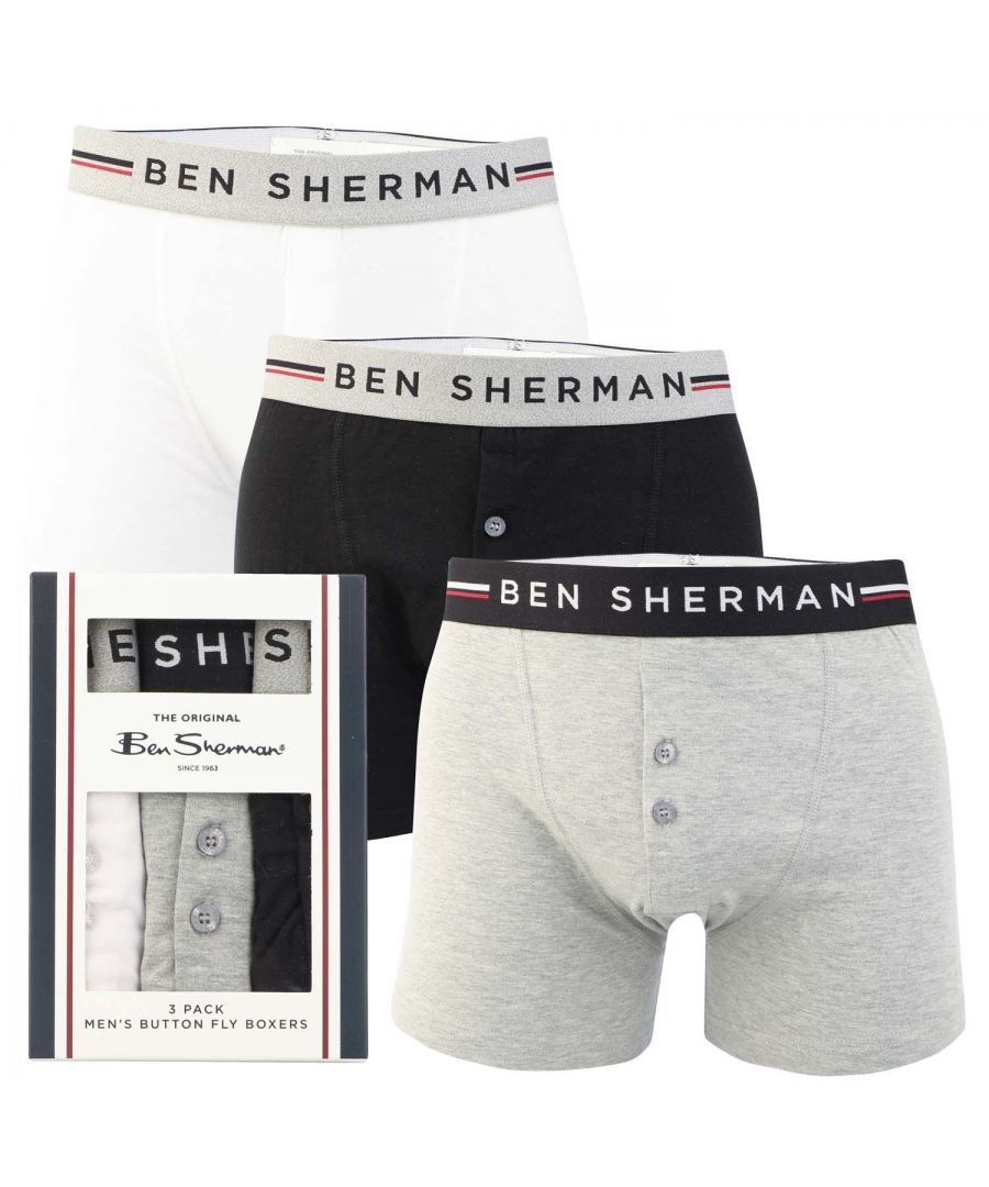 Mens Ben Sherman Jameson 3 Pack Boxer Shorts in black - white.- Elasticated logo waistband.- 3-pack.- Plain design.- Stretch cotton blend.- 57% Cotton  38% Polyester  5% Elastane.- Ref: U51433BSWaist:S = 30-32inM = 33-35inL = 36-38inXL = 39-41in2XL= 42-44 inchWe regret that underwear is non-returnable due to hygiene reasons.