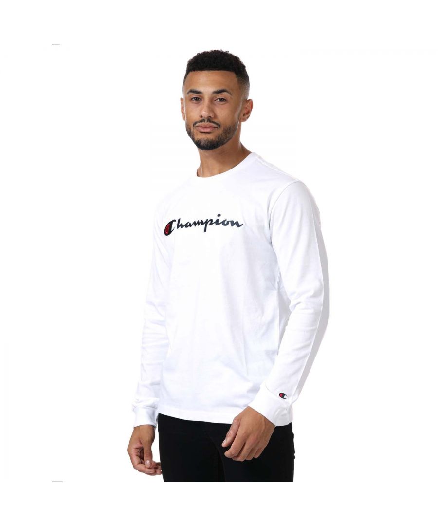 Mens Champion Rochester Long Sleeve T- Shirt in white.- Ribbed crew neck.- Long sleeves.- Script logo in tatami embroidery to chest.- C logo embroidered onto sleeve.- Ribbed elasticated neck and cuffs.- Main material: 100% Organic Cotton.- Ref: 216474WW001
