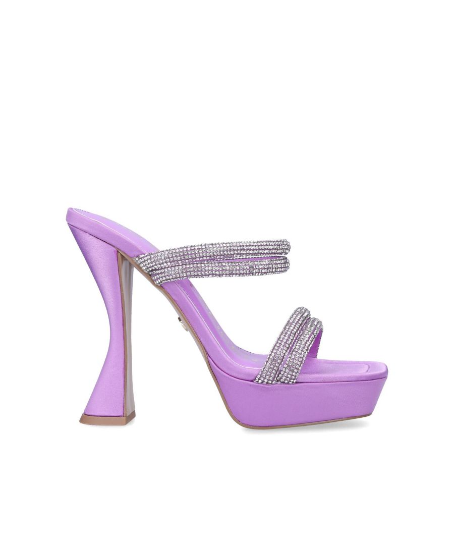 The lilac Flare heels are unique in glimmer and shape. The four straps across the foot are completely embellished with silver jewels. 13.5cm Flared high heel.