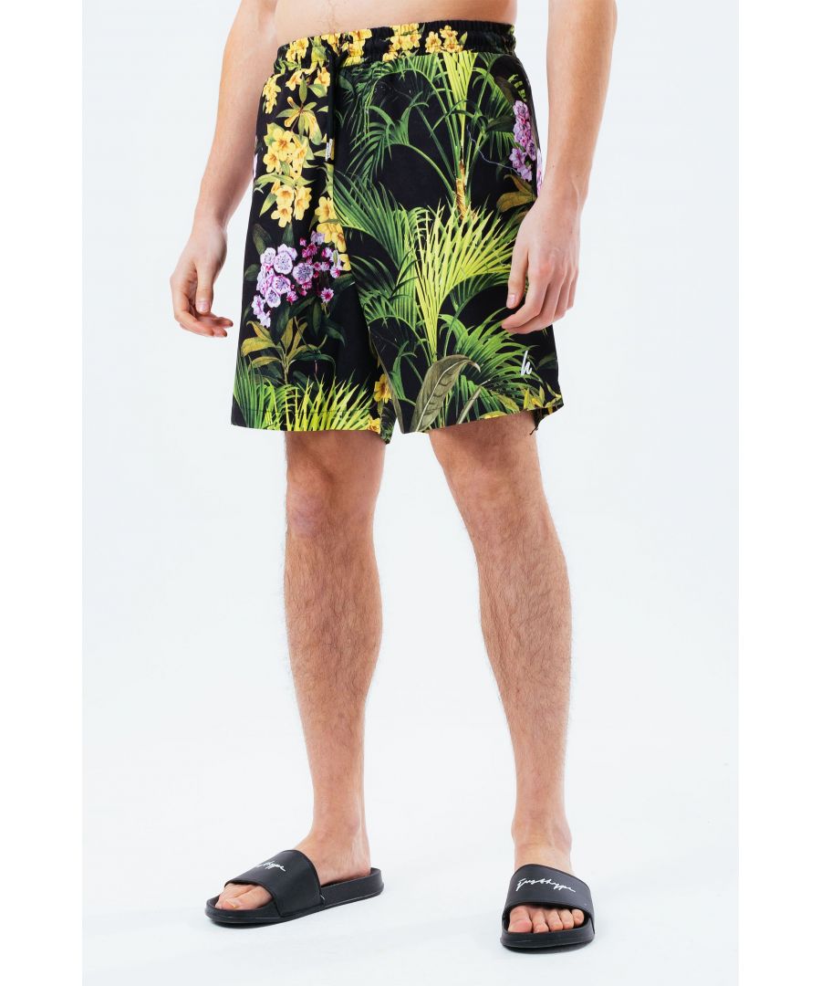 Hit the pool in these HYPE. Jungle flower Swim Shorts. Keepin' it classic in these regular-fit shorts made from quick-drying poly fabric. They feature a mesh inner and an elasticated waistband for a custom feel. Designed in an exotic, jungle flower print, using contrasting shades of black, green, purple and yellow. Finished with the H embroidered logo. Machine washable.