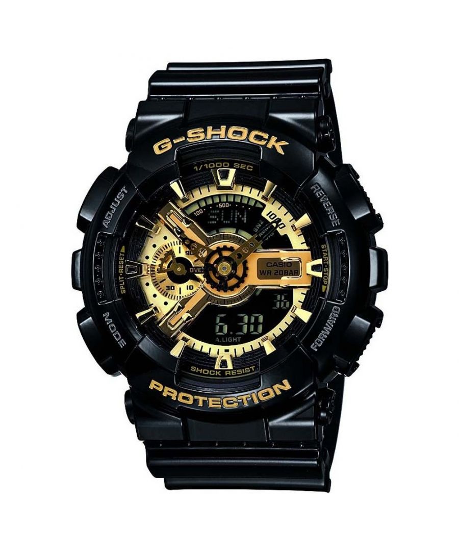 This Casio G-shock Analogue-Digital Watch for Men is the perfect timepiece to wear or to gift. It's Black 50 mm Round case combined with the comfortable Black Plastic watch band will ensure you enjoy this stunning timepiece without any compromise. Operated by a high quality Quartz movement and water resistant to 20 bars, your watch will keep ticking. Sporty and latest design perfect for everyone who enjoys sports! -The watch has a calendar function: Day-Date, Worldtime, Stop Watch, Timer, Alarm, Light High quality 21 cm length and 22 mm width Black Plastic strap with a Buckle Case diameter: 50 mm, case thickness: 14 mm, case colour: Black and dial colour: Gold