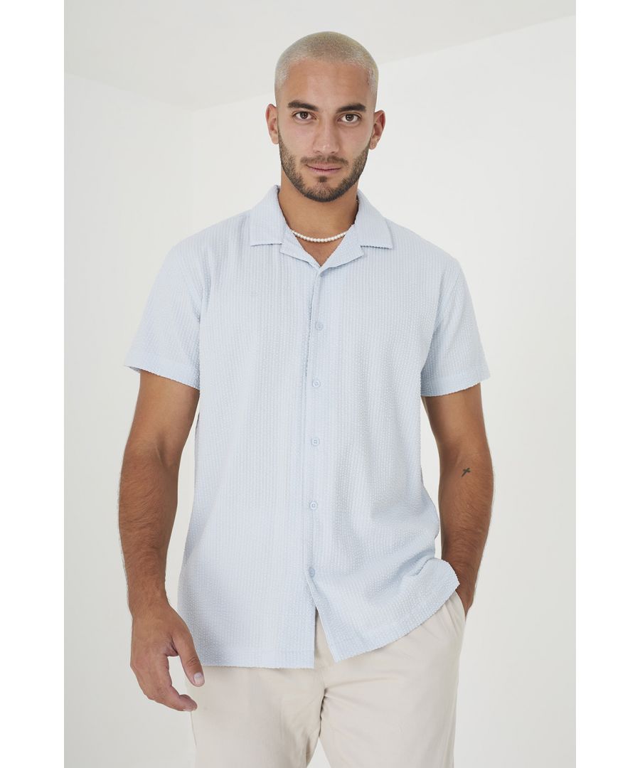 Brave Soul Mens Pale Blue 'Luca' Short Sleeve Fine Stripe Revere Collar Shirt - Sky Blue - Size Small