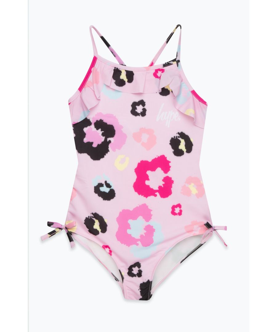 Swim is in. Meet the HYPE. Multi Leopard Pink Frilly Script Swimsuit, the ultimate girls swimsuit you'll want to wear everyday of summer, autumn, winter and spring. Boasting frill detail, an all-over multi colour leopard print, and the iconic HYPE. mini script logo in contrasting white. Wear with HYPE. sliders, swimming goggles and a beach towel in hand. Machine wash at 30 degrees.