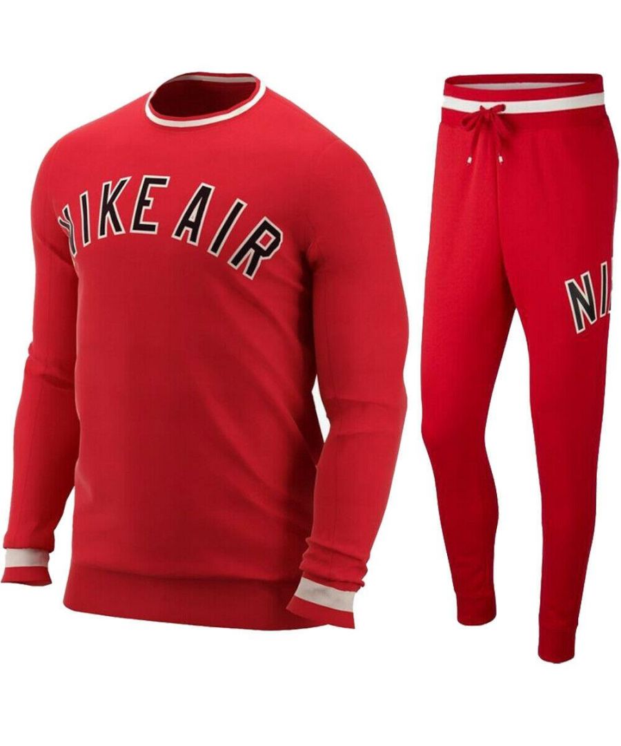 Nike Mens Air Fleece Full Crewneck Tracksuit Set Red Cotton - Size Medium