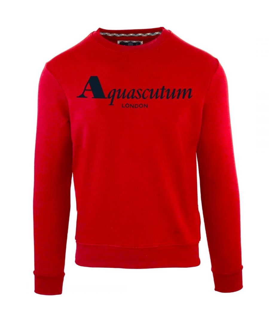 Aquascutum Bold London Logo Red Sweatshirt. Red Aquascutum Jumper. Elasticated Collar, Sleeve Ends and Waist. 100% Cotton Sweater. Regular Fit, Fits True To Size. Style Code: FGIA31 52