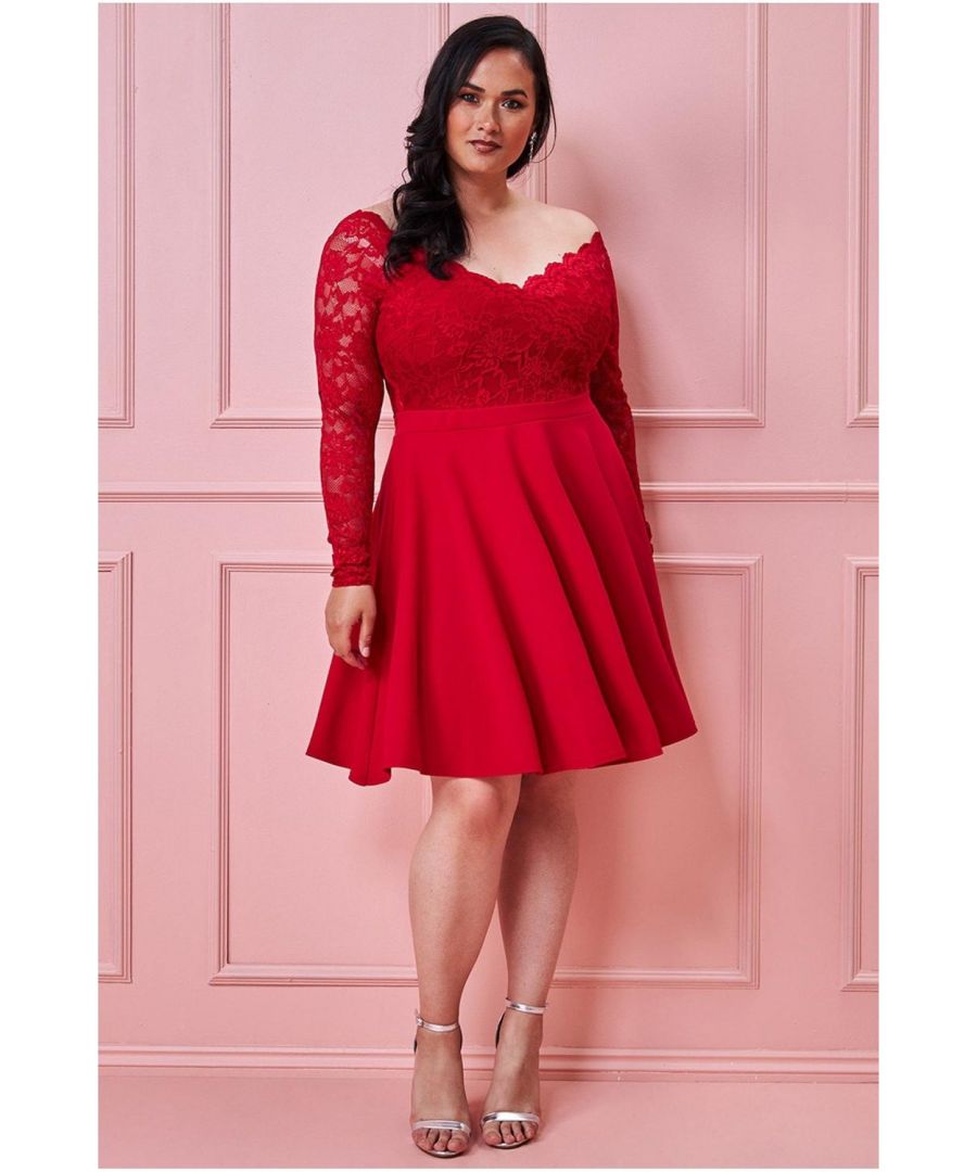 Get those pins out this summer with this sensationally romantic off-the-shoulder lace sleeve skater dress from the Goddiva plus-size collection. This top-tier Red dress is the perfect dress for casual outings or jazz it up for a more formal event. With its off-the-shoulder style, long lace sleeves and a classic skater style, you can not go wrong with this short curvy dress. A perfect pick for brunch with the girls, wedding guests, garden parties and date nights, not to mention the other hundreds of places that can be worn. Team with flats or heels and get the most out of this style. Its lace bodice and scuba crepe skirt make this plus-size style perfect for summer adventures.