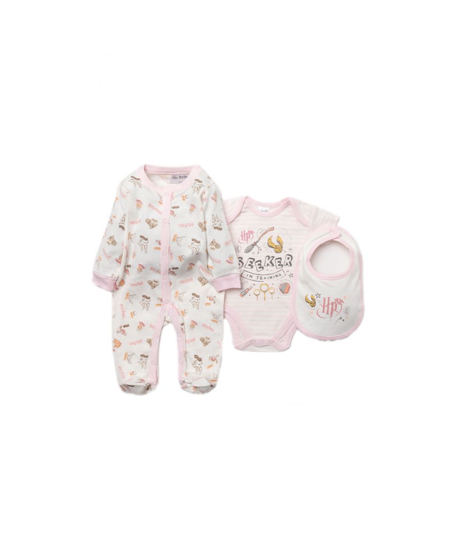 This adorable Harry Potter three-piece set features a delicate colour scheme, with a Harry Potter-themed print. The set includes a button-up, footed sleepsuit featuring the Harry Potter logo with mystical print, striped bodysuit with the lettering ‘seeker in training’ surrounded by magical printed details, and a matching bib. Each item in the set is cotton with popper fastenings, keeping your little one comfortable. This sweet three-piece set is the perfect gift for the little one in your life.