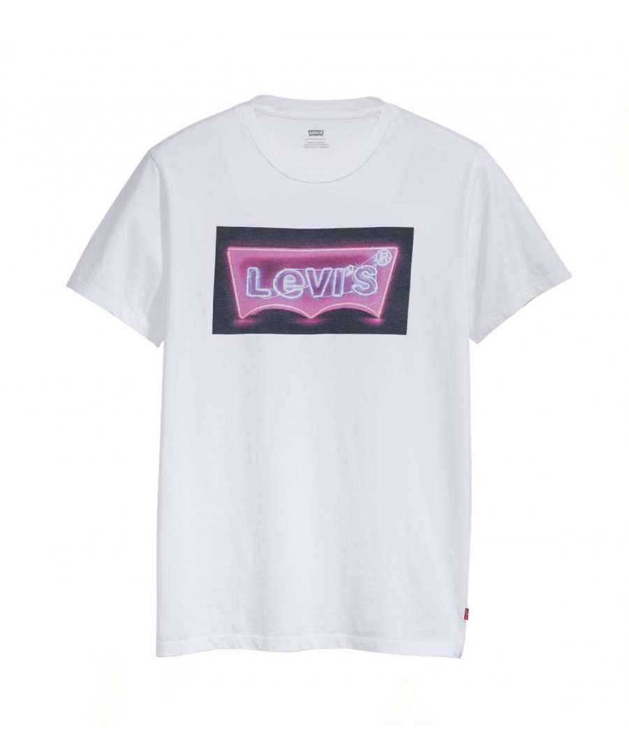 Levi's men's retro 1980s neon sign batwing logo print tee in white. The classic Levi's Housemark Batwing logo given a cool vintage 80s pink neon sign look. Light up the town with your wit and style in this awesome retro Levi's t-shirt. Featuring Neon Batwing on black ground for a twist on an iconic style. Traditional crew neck, short sleeve tee. Perfect for the summer season.\n\n\n\n\nSize guide: (chest in inches)\n\n \tX-Small: 36