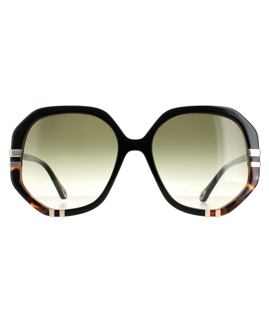 Chloe Square Womens Shiny Black and Tortoise Green Gradient CH0105S  Sunglasses are a glamorous hexagonal style crafted from lightweight acetate. The Chloe logo features on the slender temples for brand authenticity.