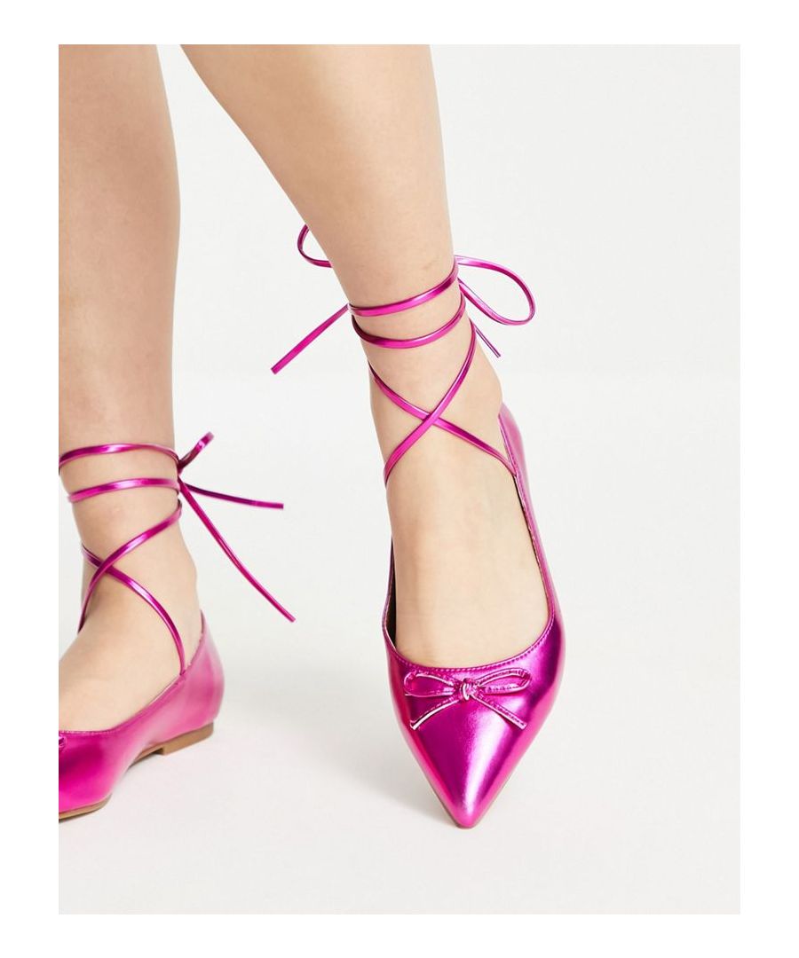Shoes by ASOS DESIGN Love at first scroll Tie-leg design Bow detail Round toe Flat sole  Sold By: Asos